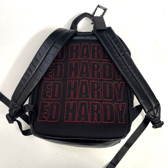 Ed Hardy Tattoo Patch Backpack Skull Tiger Flame Print Black Gray Checkered NWT - Picture 8 of 11